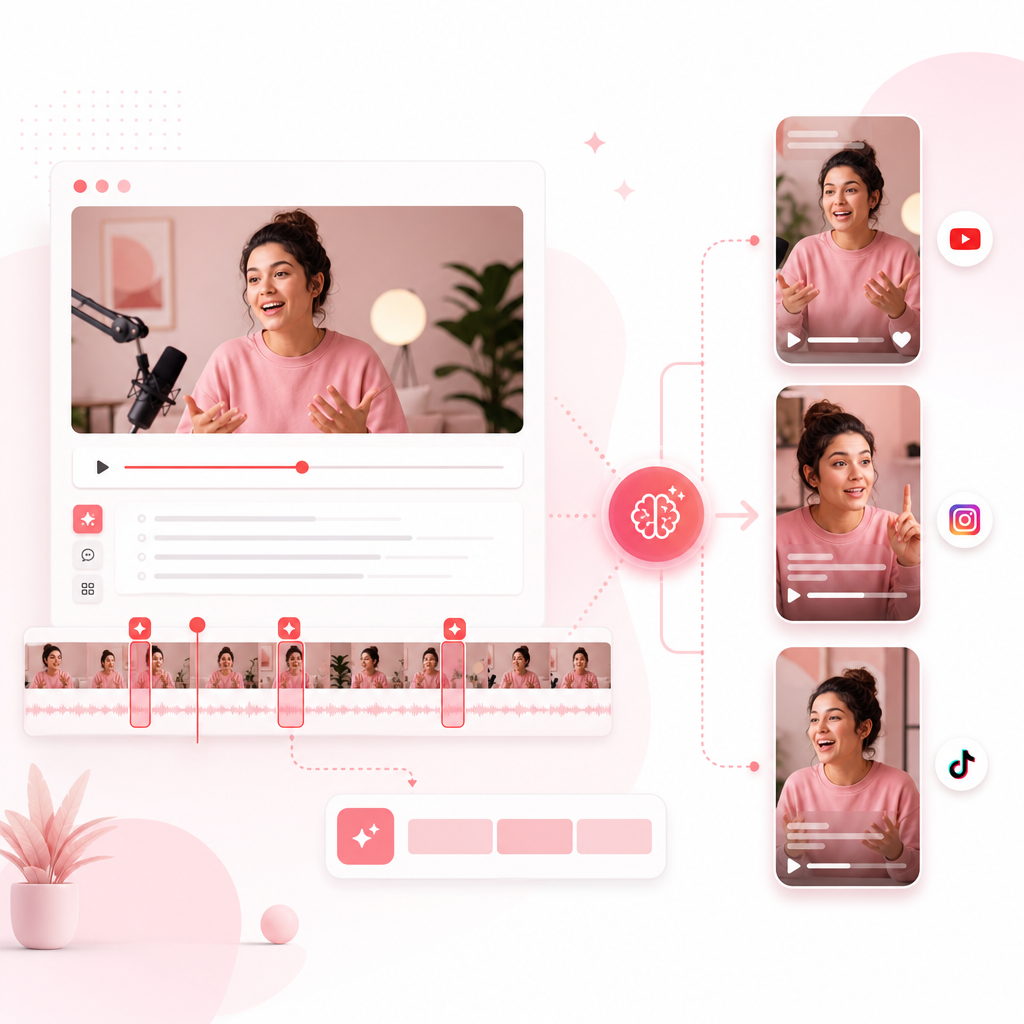 Illustration showing AI extracting key moments from a long video into multiple platform-ready short clips with caption styling.