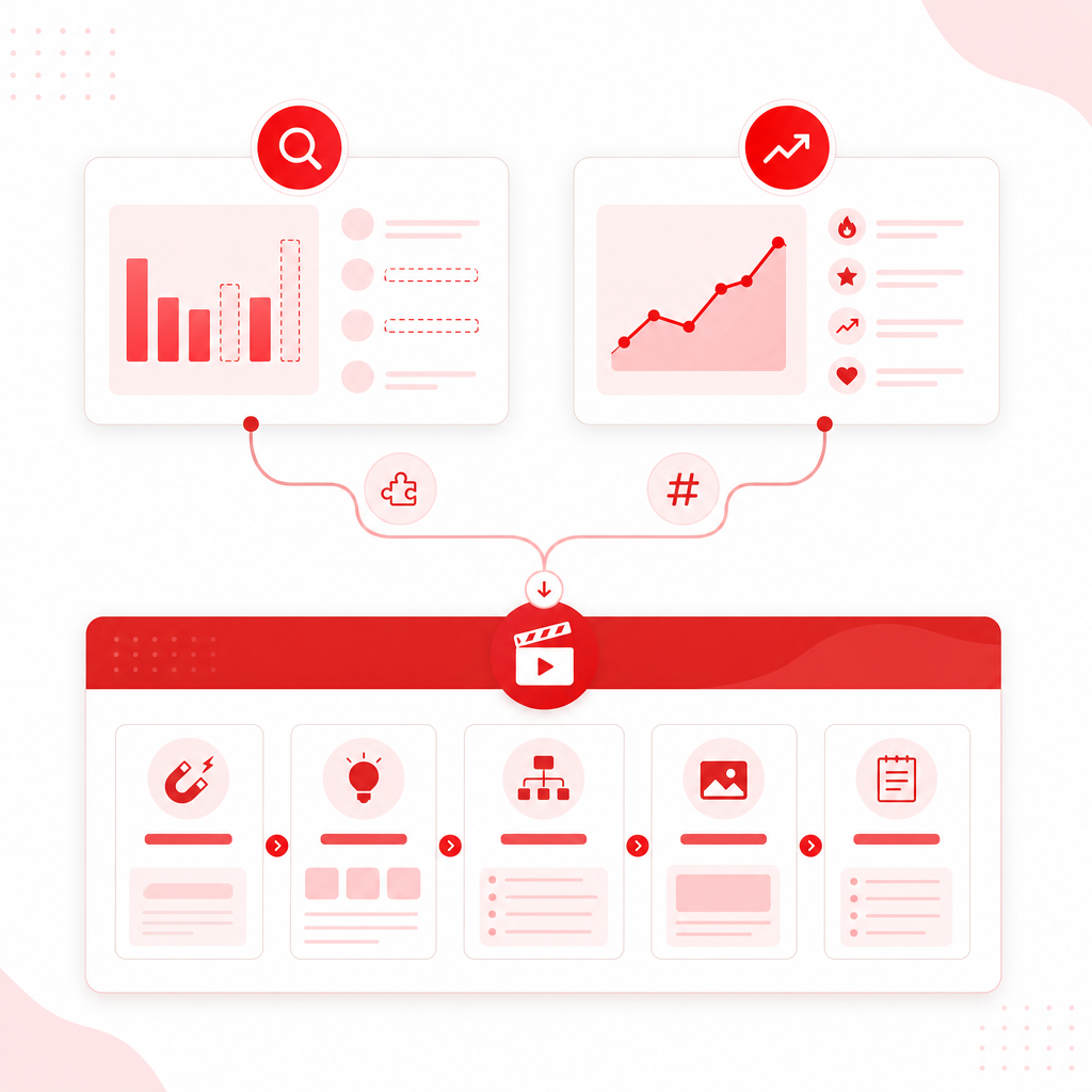 Illustration of a workflow turning YouTube content gaps into a production-ready video plan.