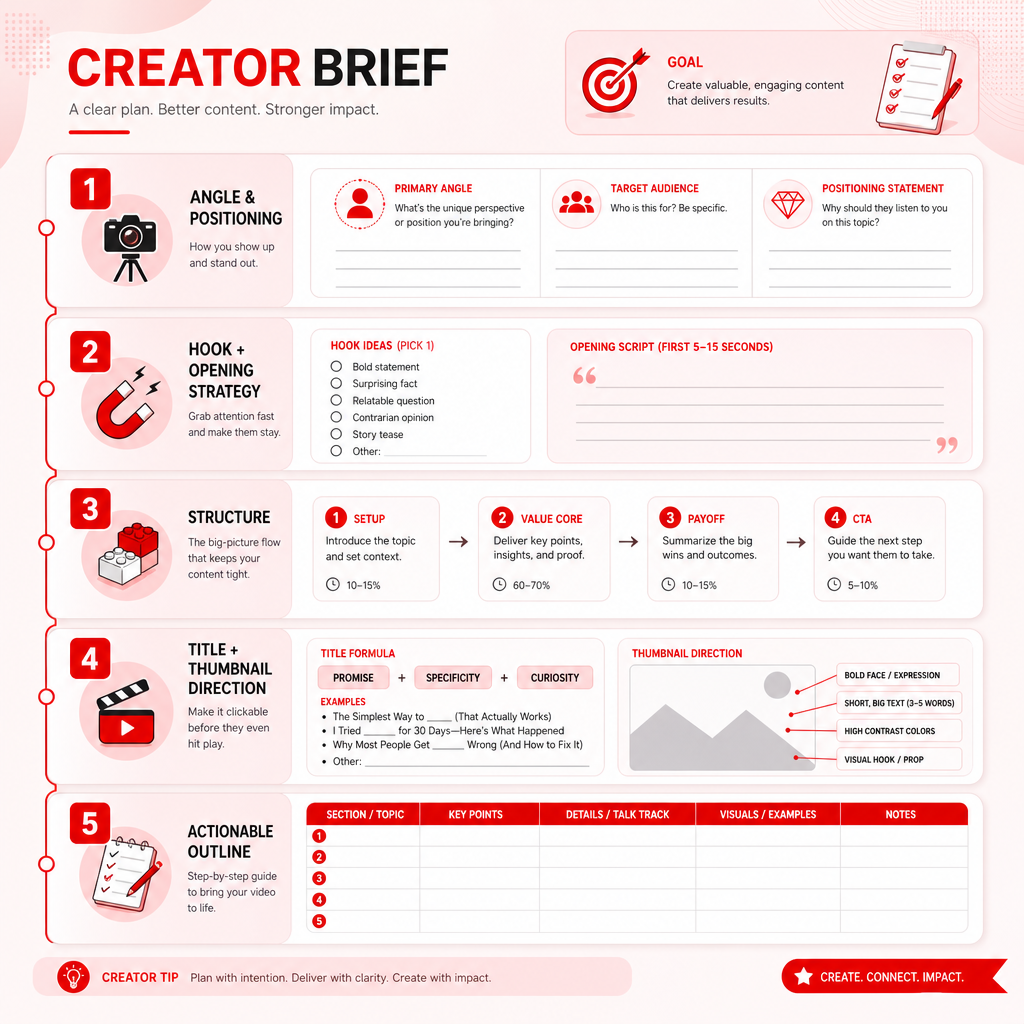 Illustration of a creator brief template with five numbered planning sections for video production.