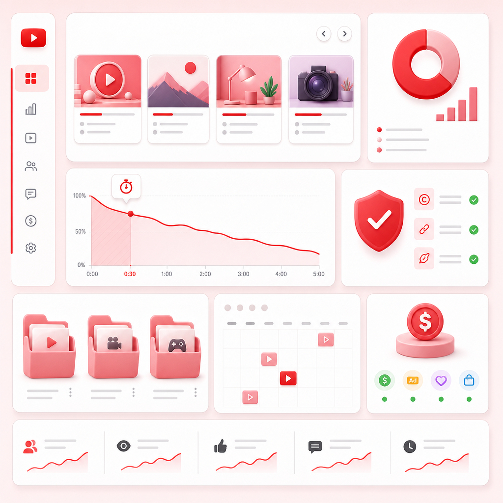 Illustration showing a creator channel audit dashboard with thumbnails, retention, playlists, series consistency, and monetization readiness.