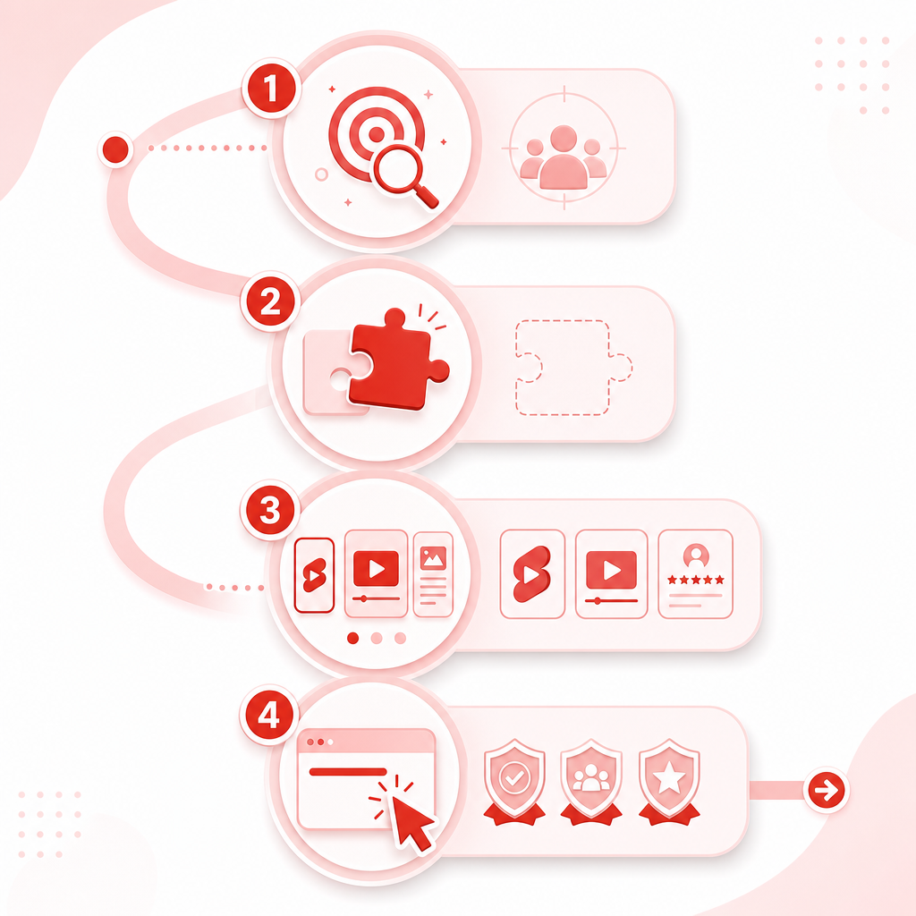 Illustration representing a four-step framework for finding beauty and fashion YouTube topics based on search intent and content gaps.