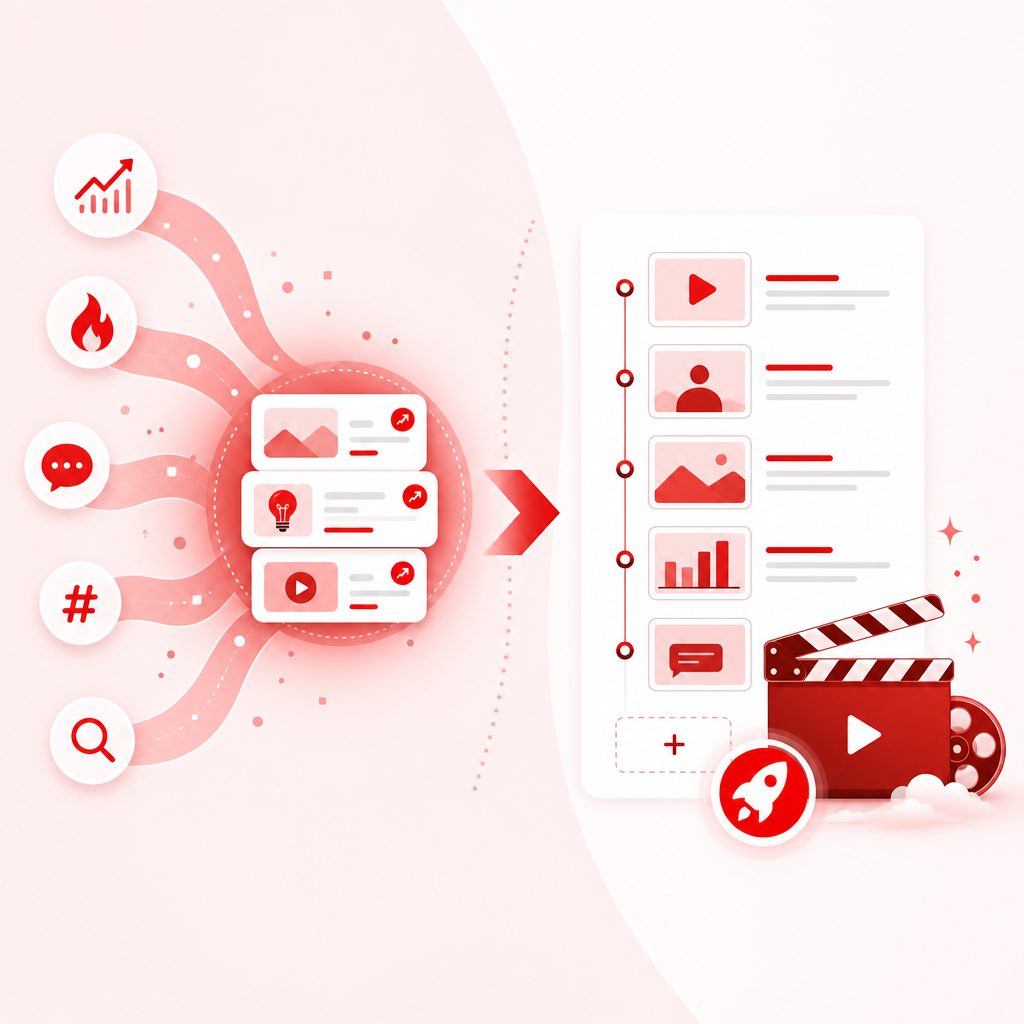 Illustration showing how GapTube.ai discovery and GapCoach planning combine to move from content opportunities to a ready-to-produce video plan.