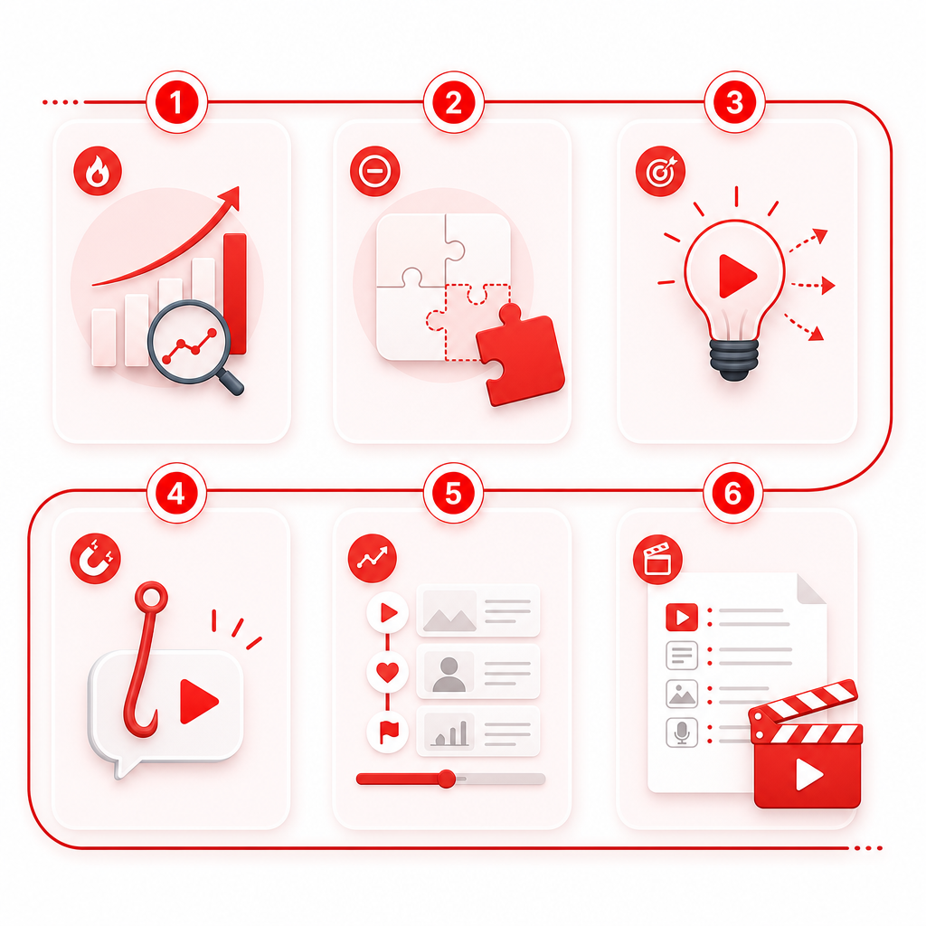 Illustration representing a six-step workflow for nonprofit YouTube content curation from trends to a production-ready outline.