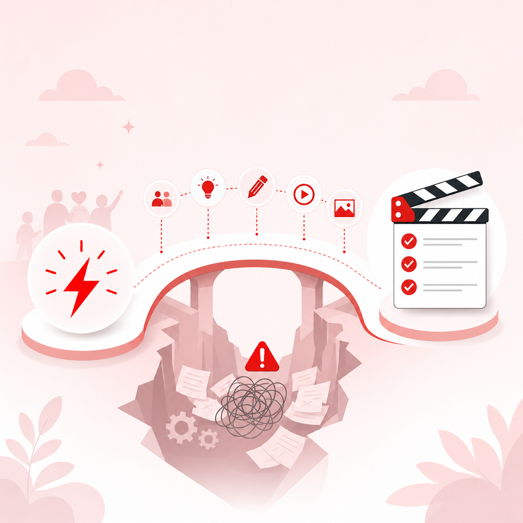 Illustration showing the idea-to-upload gap for nonprofit YouTube creators and how structured planning helps move from concept to upload.