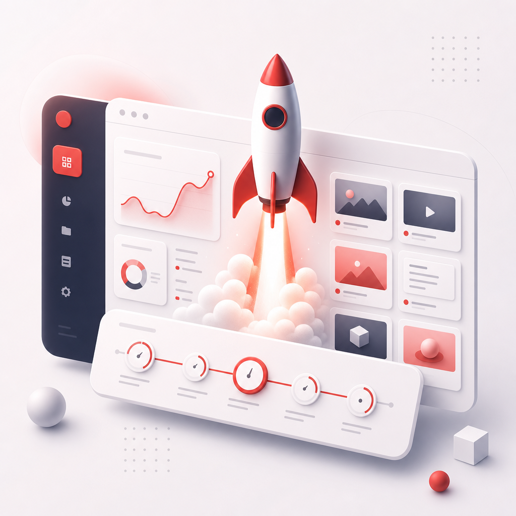 Illustration of a rocket launching from a content dashboard, symbolizing publishing faster using trending insights and actionable ideas.
