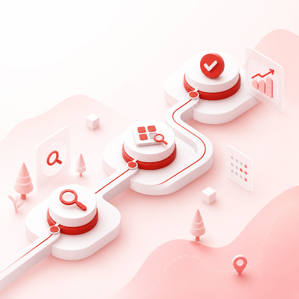 Illustration of a connected roadmap showing the steps to scan trends, identify content gaps, and turn them into ready ideas.