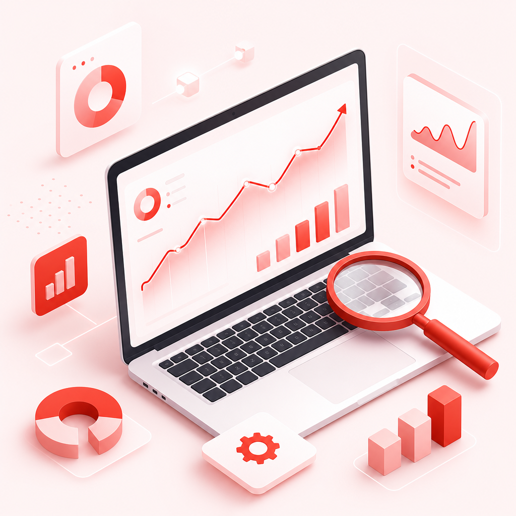 Illustration of a laptop analytics dashboard with trending signals and a magnifying glass to represent discovering fresh video ideas.