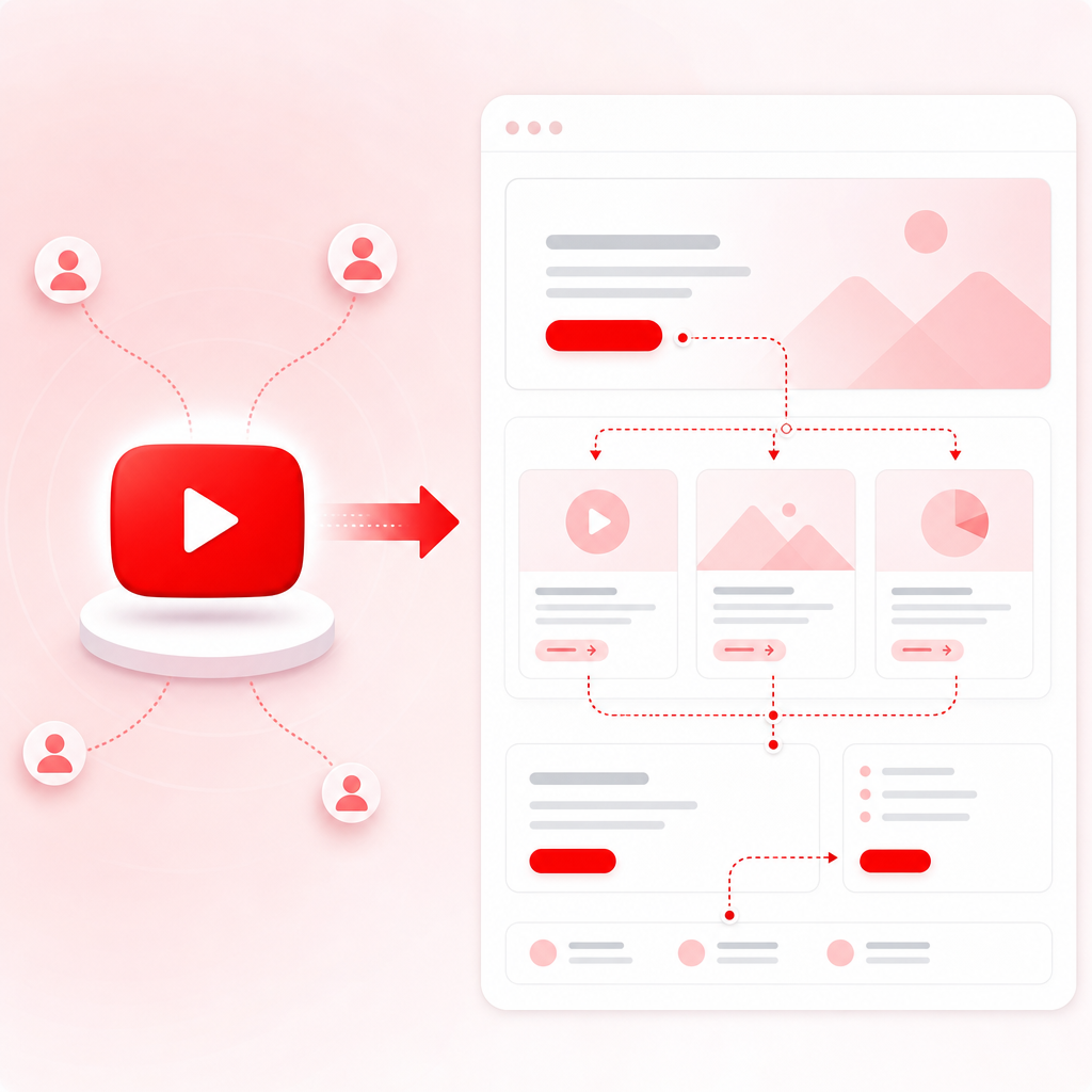 Illustration showing SITE DESIGN aligning YouTube intent with landing pages, content hubs, and CTAs.
