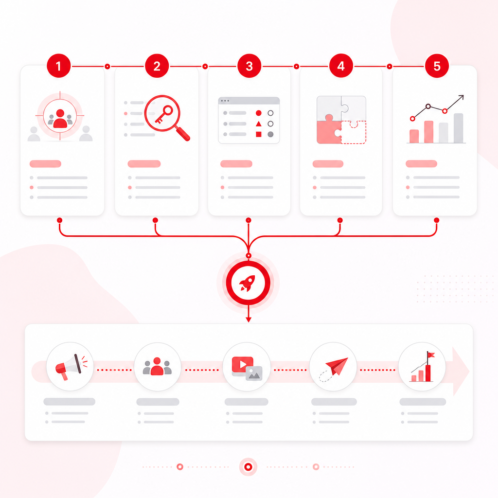 Illustration of a five-step consultant workflow turning insights into go-to-market strategy.