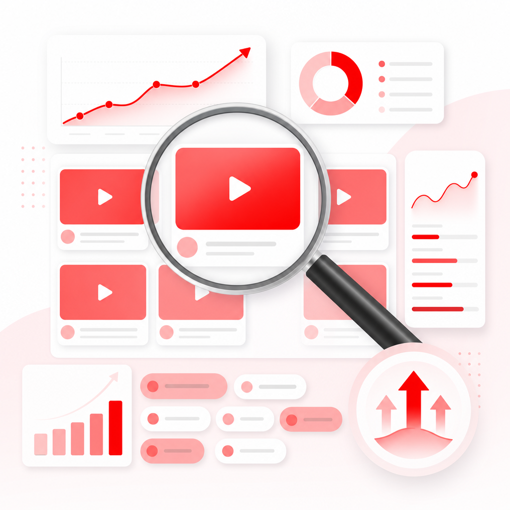 Illustration of a Discover dashboard scanning YouTube trends and winning content momentum.