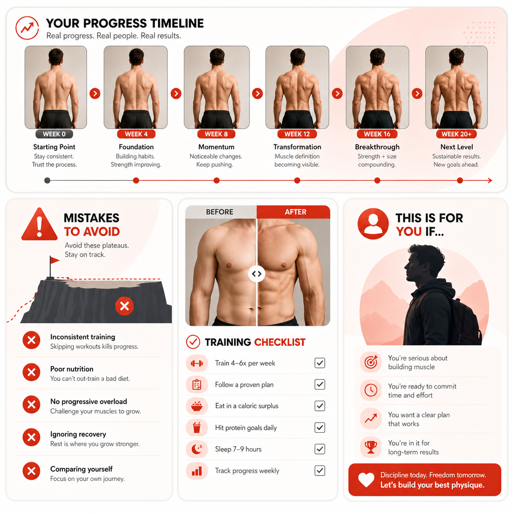 Illustration representing progress photo styles like timelines, mistakes to avoid, and before/after breakdowns for fitness transformations.