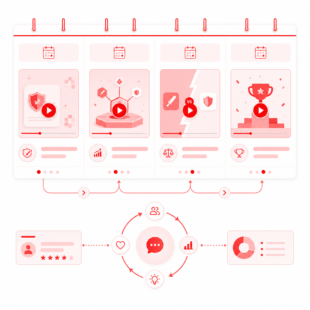 Illustration of a weekly channel growth system using a 4-video rotation and a feedback-based workflow.