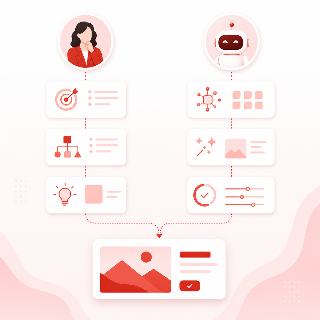 Illustration comparing a human YouTube strategist workflow with an AI-assisted execution workflow that produces the same production-ready outcome.