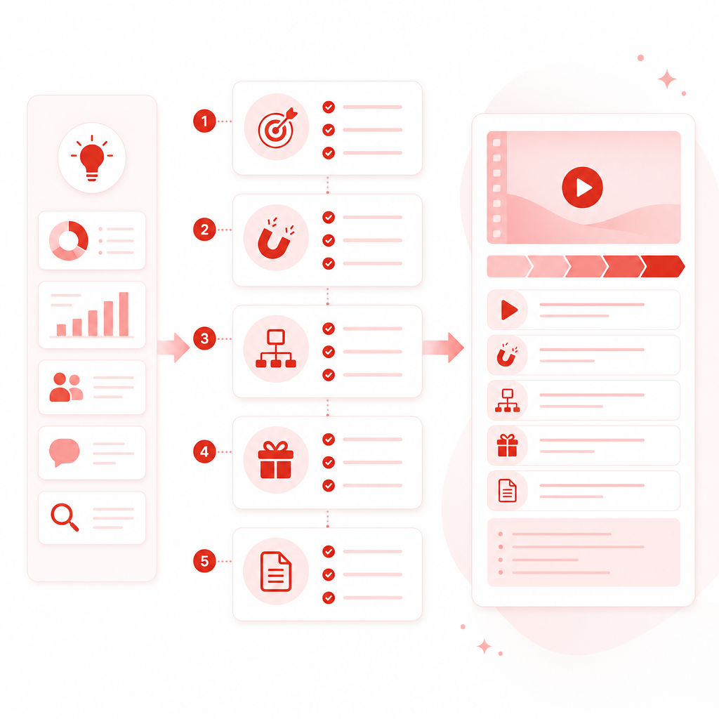 Illustration of turning YouTube research insights into an upload-ready video plan using step-by-step checklists.