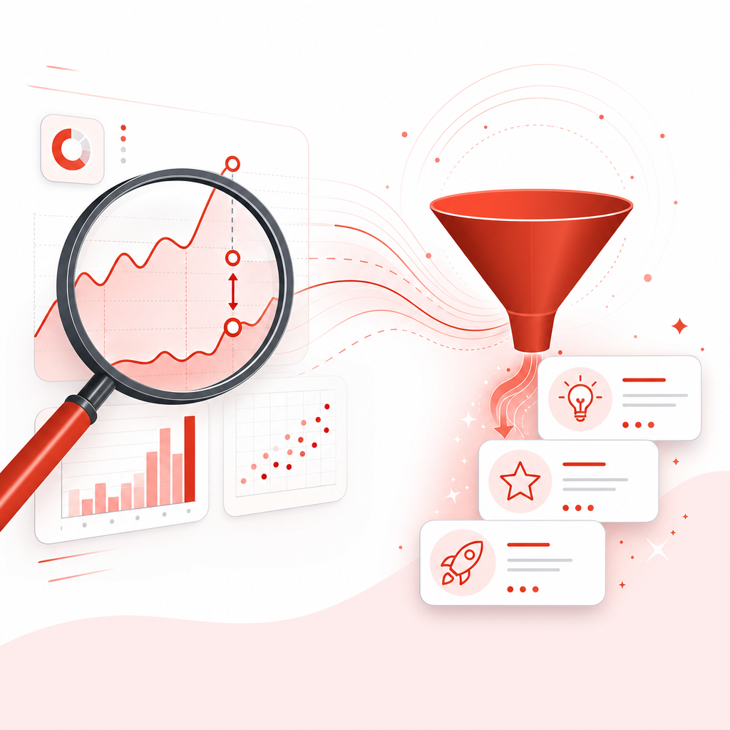 Illustration showing trend scanning and content gaps turning into video ideas.