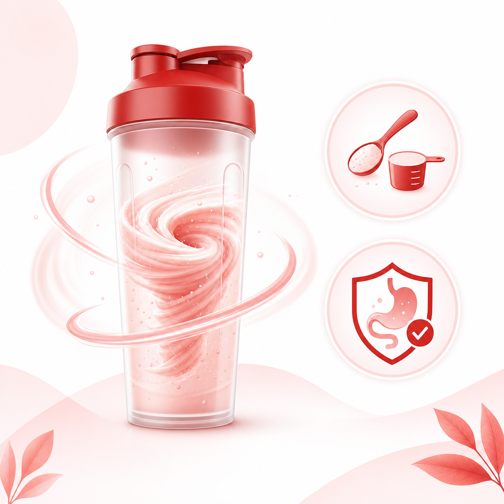 Illustration of protein and fiber mixing concepts, with measuring and digestion/comfort themed icons.