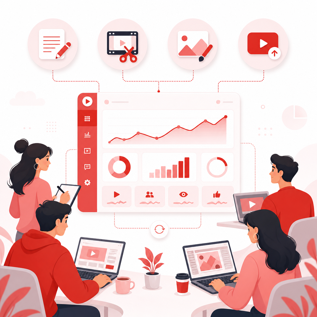 Illustration showing a creator team collaborating around shared YouTube video analytics.