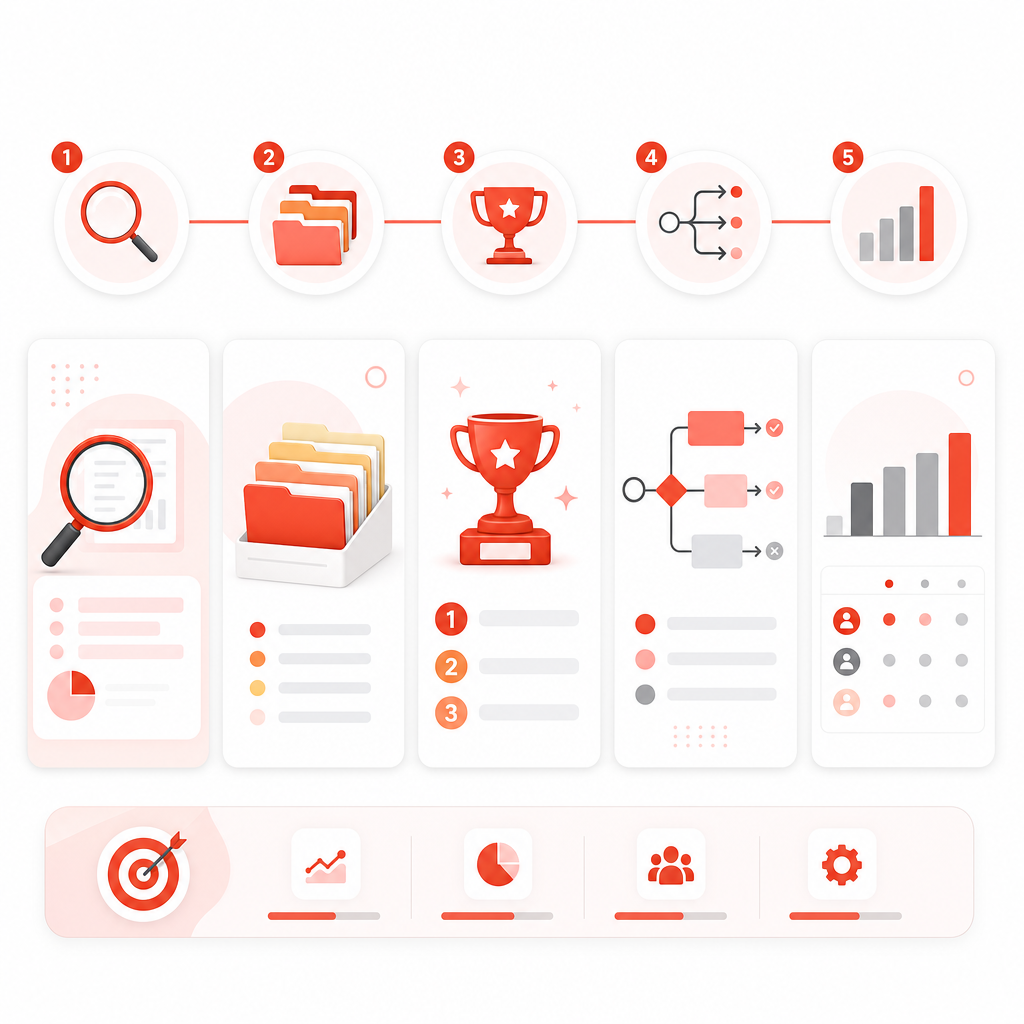 Illustration of a YouTube analytics workflow with steps for gathering data, grouping buckets, finding winners, and making decisions.