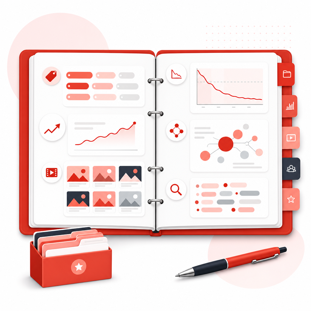 Illustration of a content library concept showing performance signals like CTR, thumbnails, retention, and keywords.