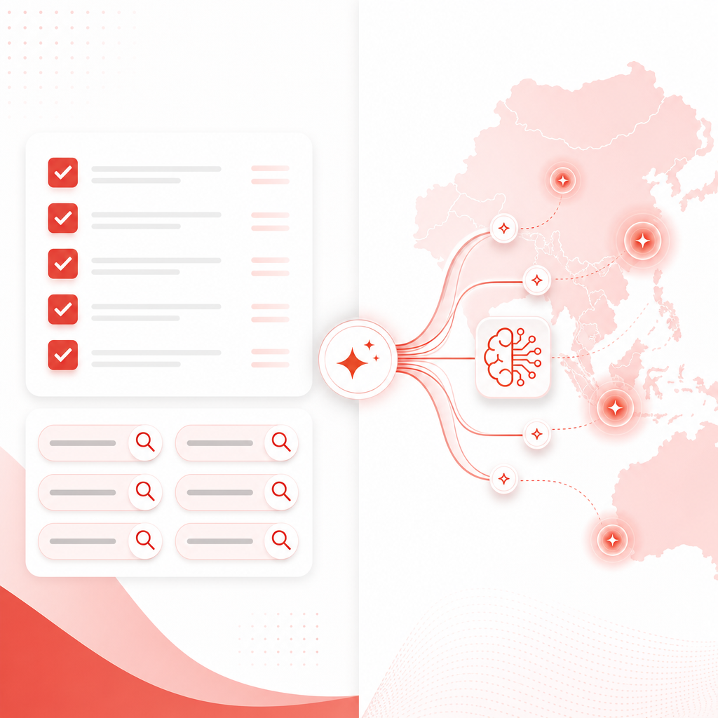 Illustration of GEO and AI optimization finding regional intent and content gaps.