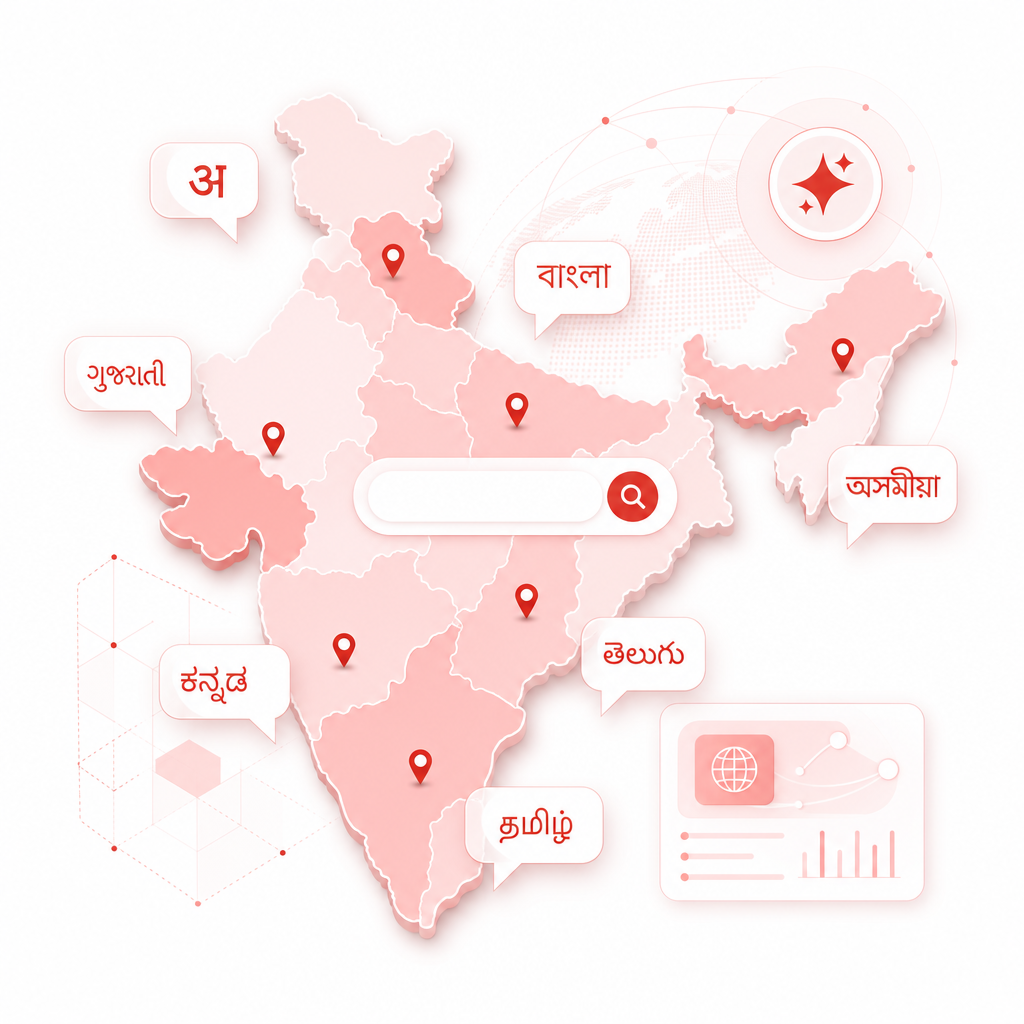 Illustration showing regional search behavior with language speech bubbles and location cues.