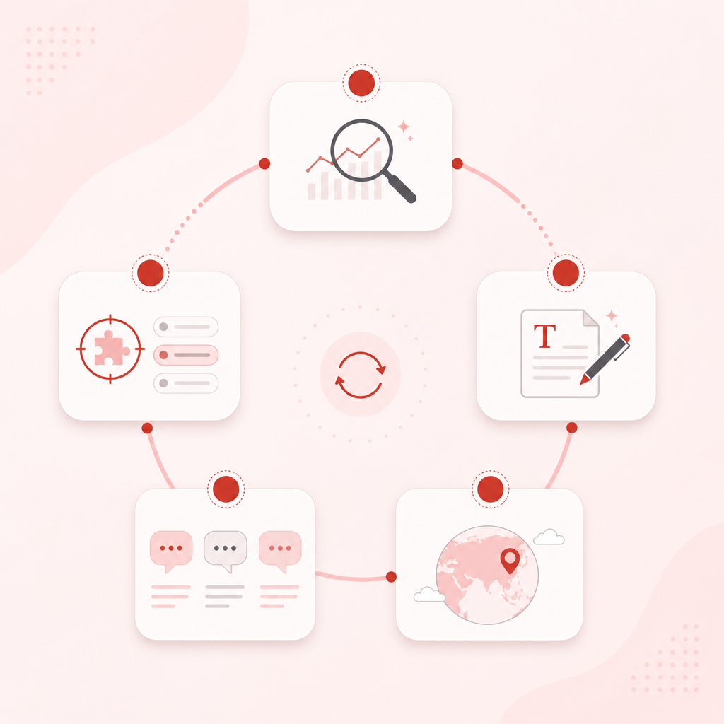 Illustration of a weekly workflow loop for generating regional YouTube video ideas.