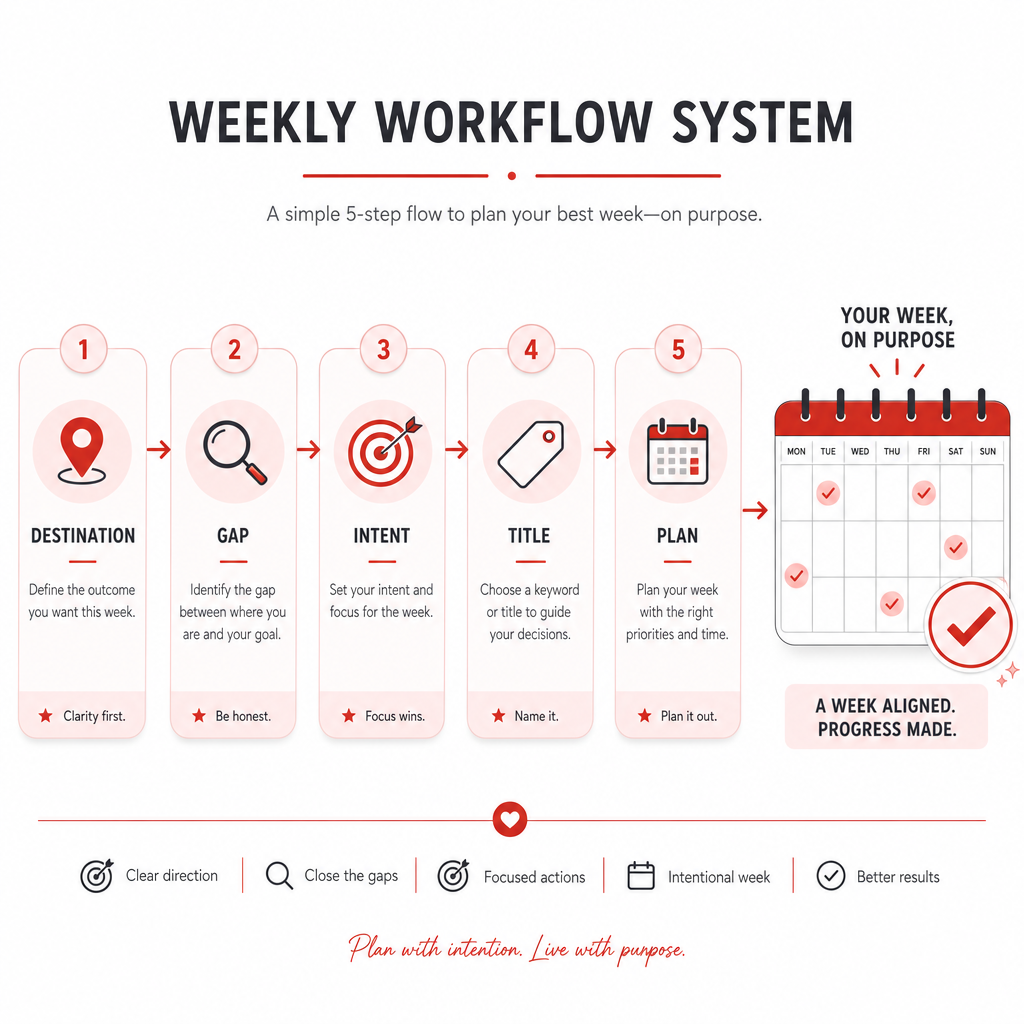 Illustration showing a five-step weekly workflow to turn travel video ideas into a growth system.