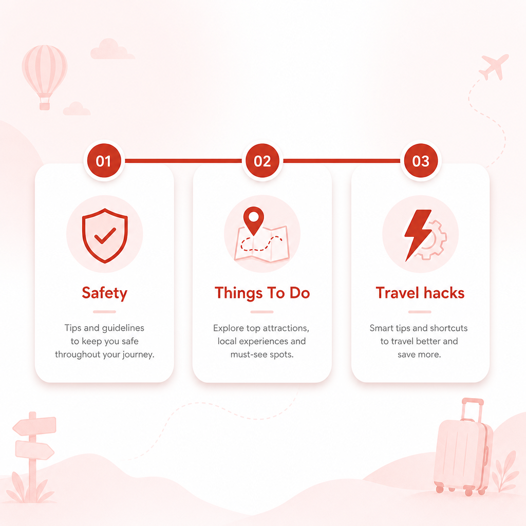 Illustration showing a three-part travel video roadmap: Safety, Things To Do, and Travel hacks.