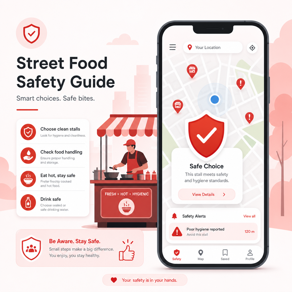 Illustration representing a travel safety guide with map, shield, and street-food safety cues.