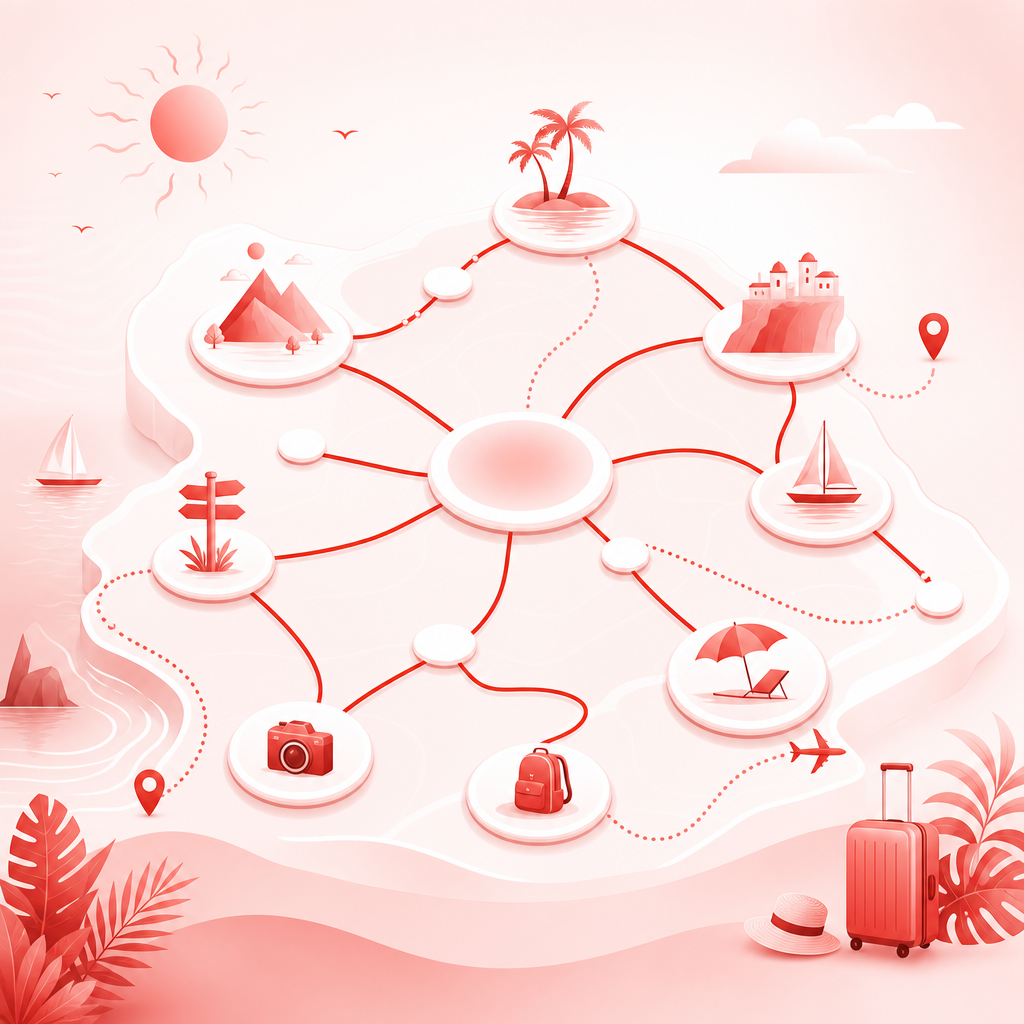 Premium illustration of an SEO keyword map visualized as connected itinerary-style nodes for vacation style content.