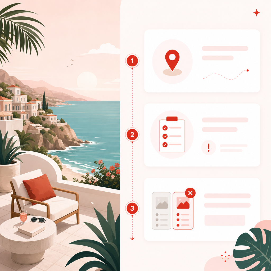 Clean modern illustration representing the three-step content gap framework for vacation style video ideas.