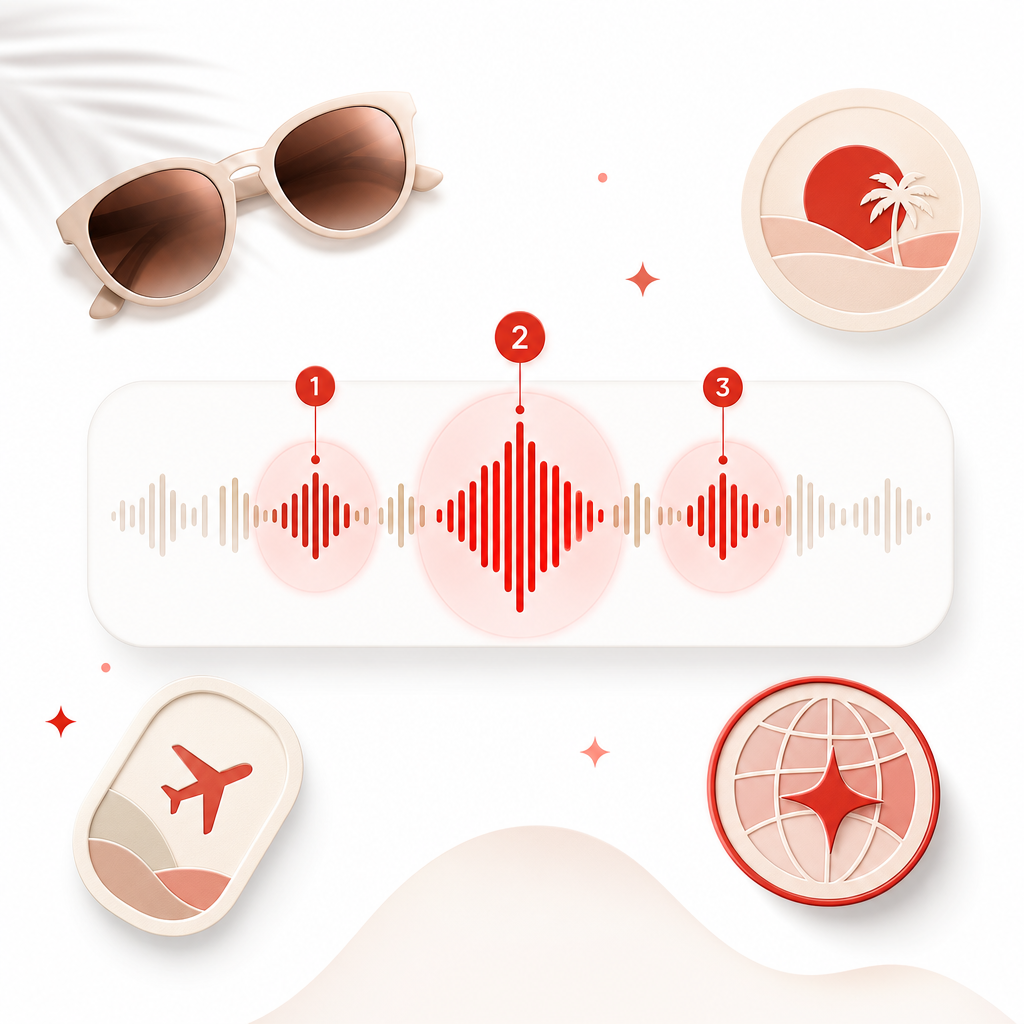 Modern illustration showing a voice edit hook concept with waveform emphasis for vacation style videos.