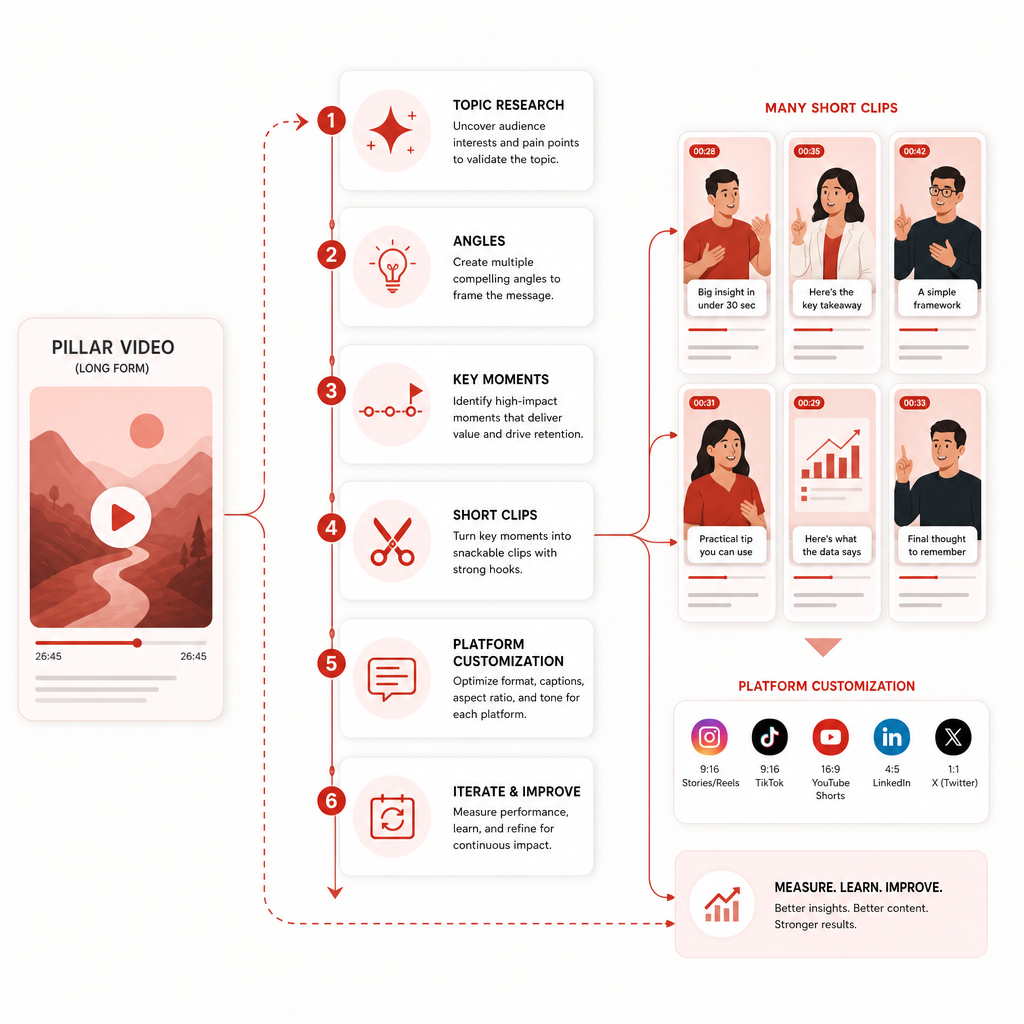 Illustration of a pillar video turning into short-form clips through a repeatable workflow.