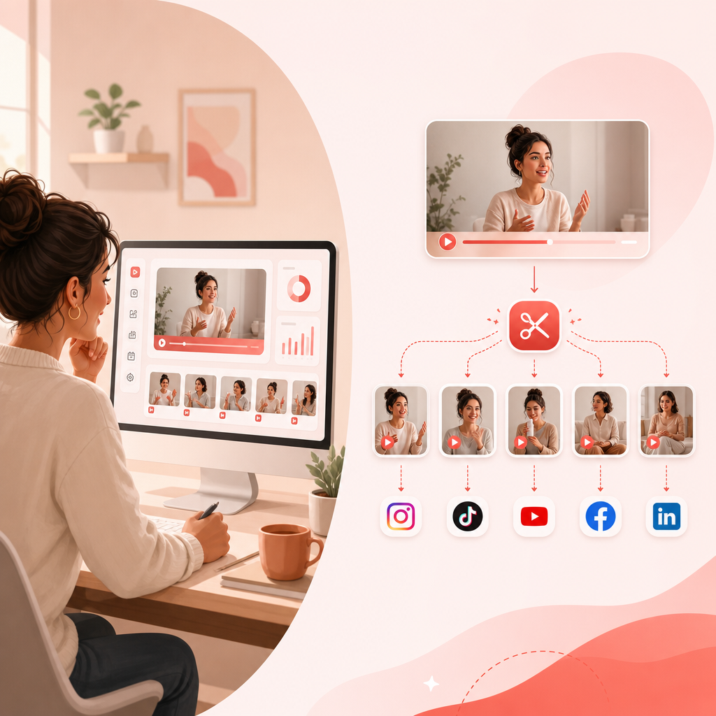 Illustration showing one long video repurposed into multiple short clip tiles for growth.
