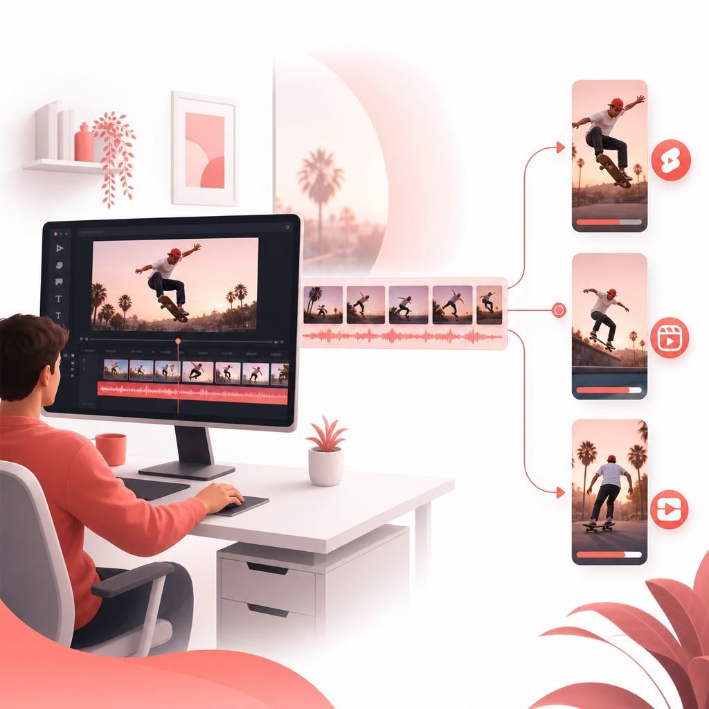 Illustration showing long-form video being split into multiple short clips for social platforms.