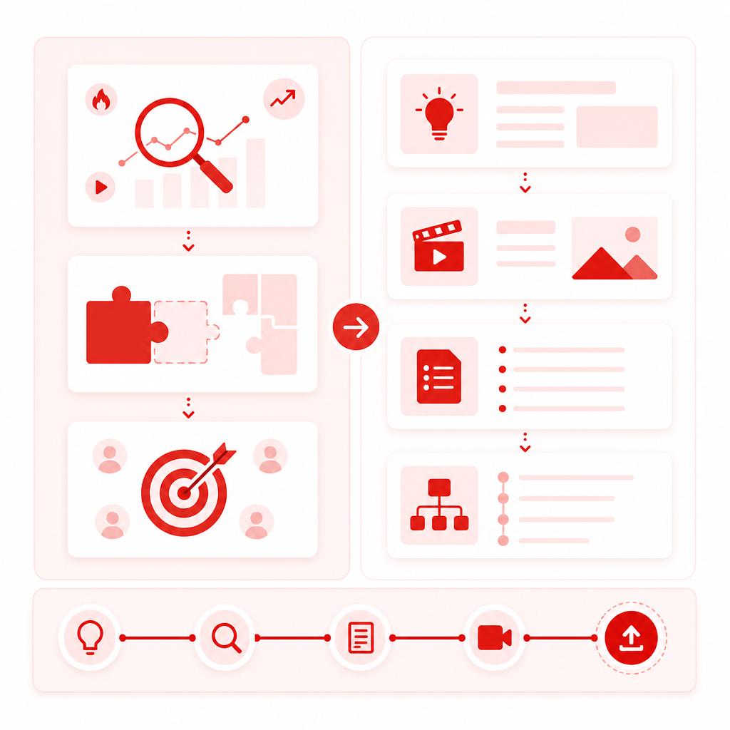Illustration showing a workflow from content opportunities to ready-to-produce YouTube video plans.