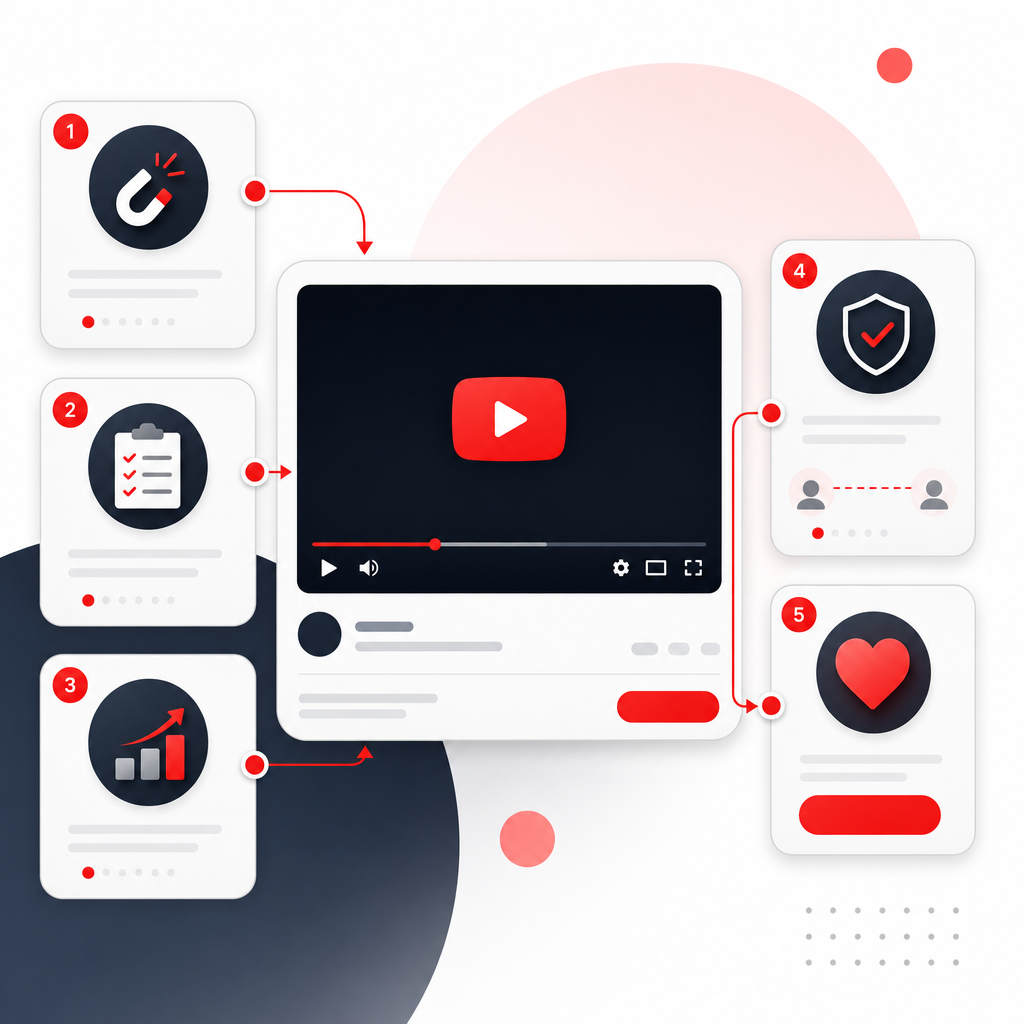 Illustration of a five-step affiliate video structure from hook to proof to CTA.