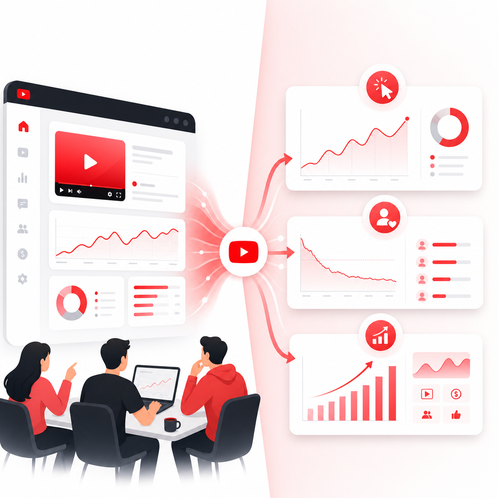 Illustration of an agency using a YouTube analytics tool to understand clicks, retention, and growth beyond basic metrics.
