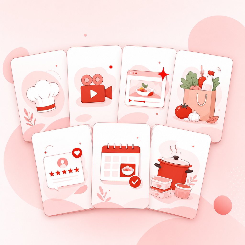 Illustration showing seven reusable food content series templates arranged like a set of premium cards.