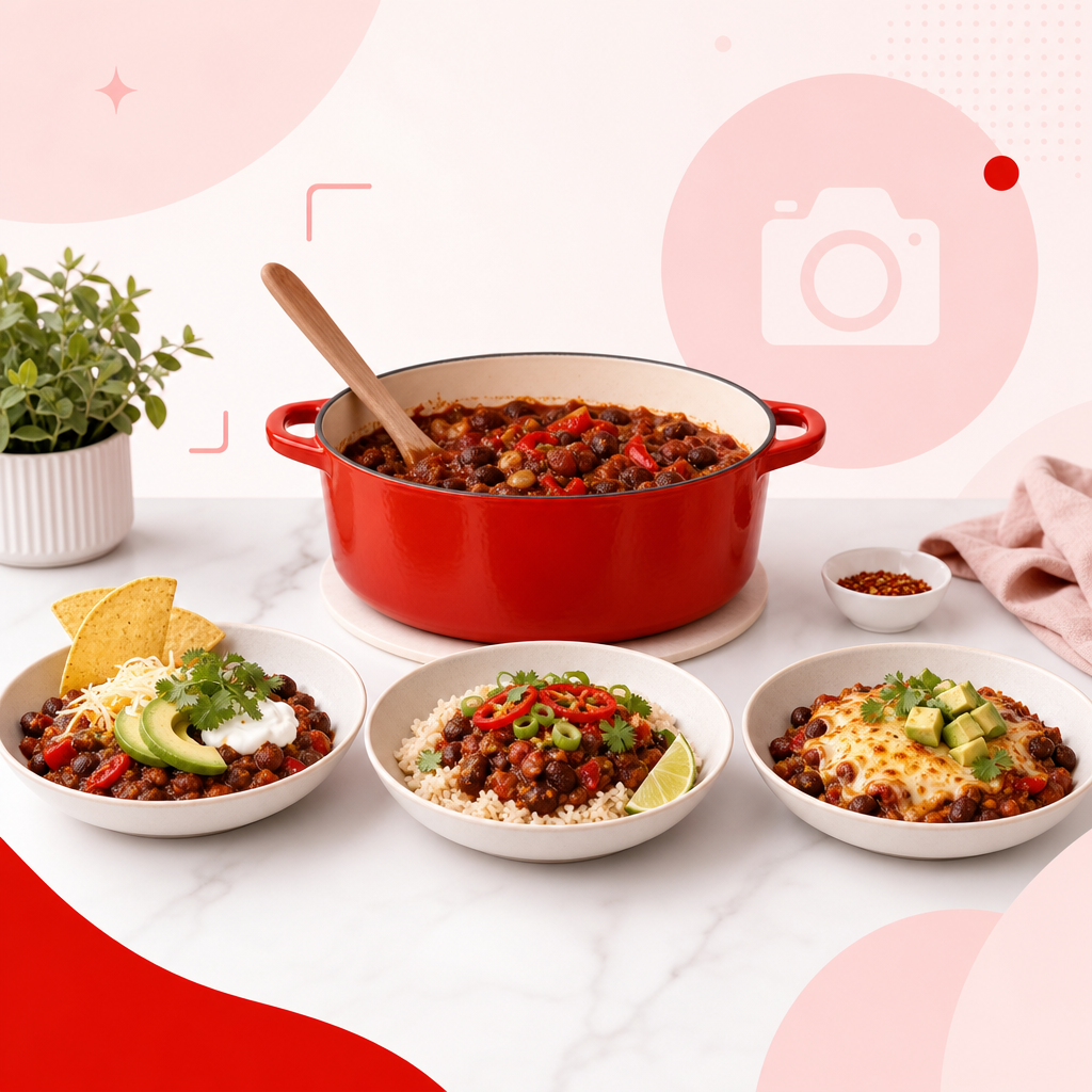 Illustration showing one big batch cooking turning into multiple plated meals for a consistent YouTube series.