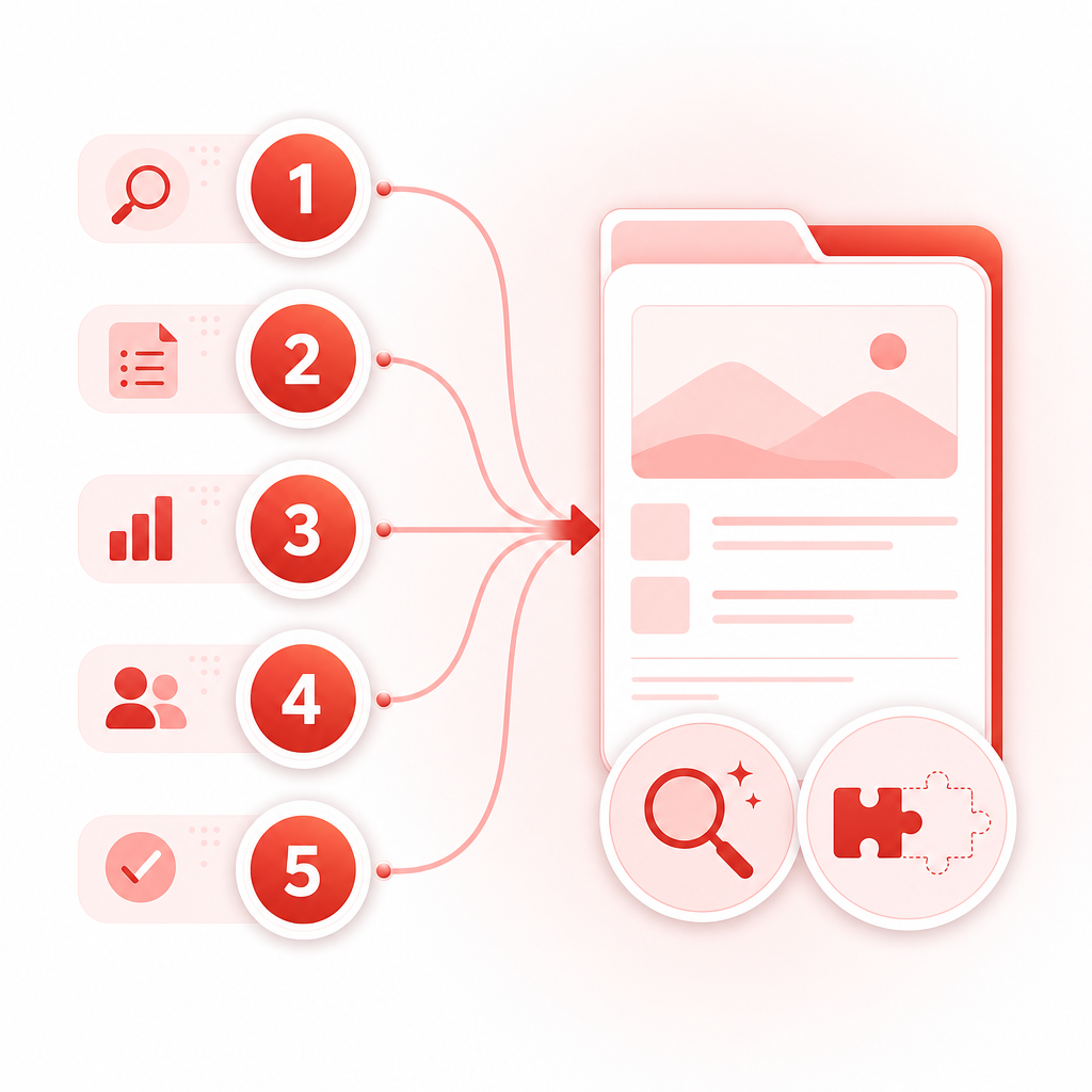 Illustration of a five-step workflow turning YouTube niche research into a client-ready research pack.