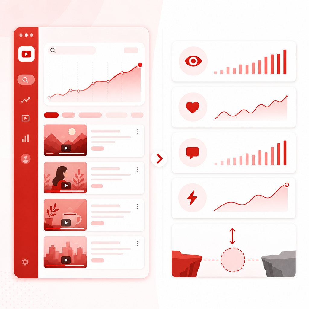 Illustration of a YouTube research dashboard showing trends, top videos, and content gaps for niche discovery.