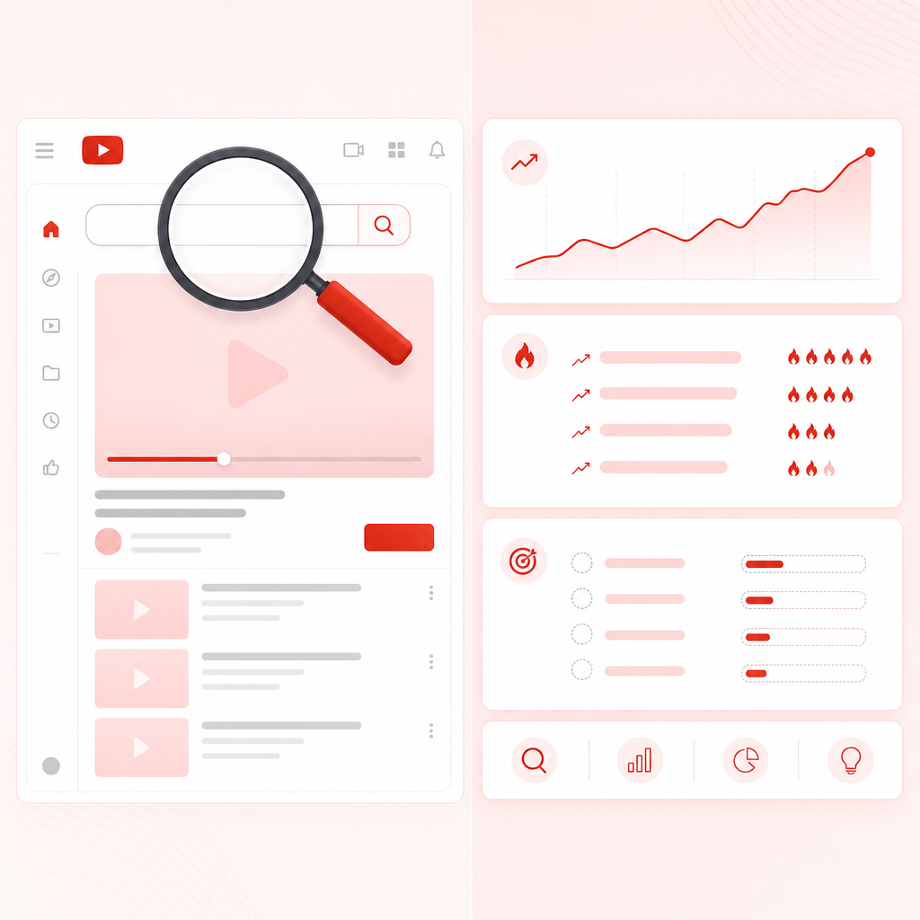Illustration representing a YouTube niche finder tool analyzing search trends and top performing videos.