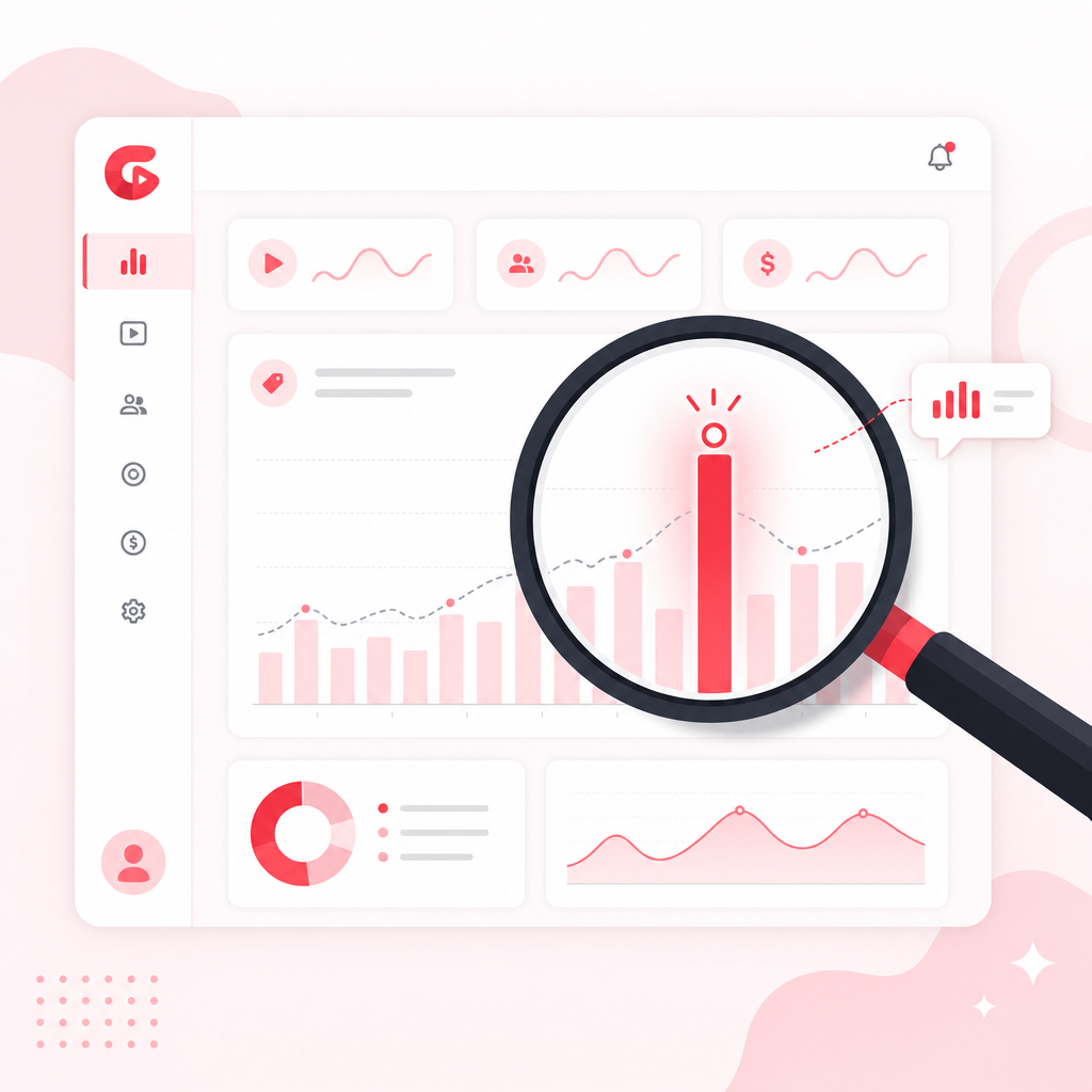 Illustration of a YouTube outliers finder highlighting niche opportunities on an analytics dashboard.