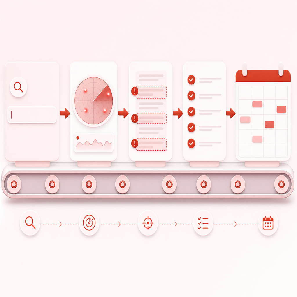 Illustration of a workflow from niche keyword to a weekly publishing plan.
