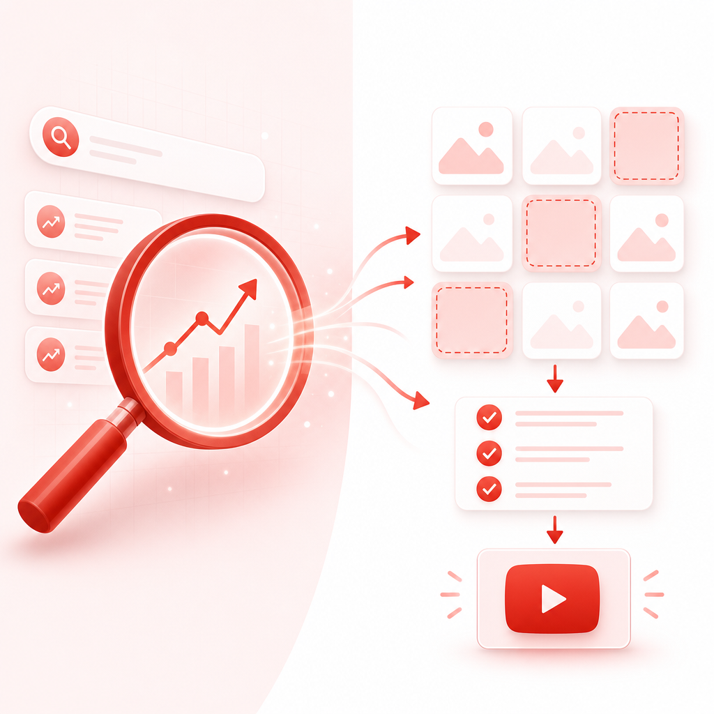 Illustration showing trending demand and content gaps turning into video ideas.