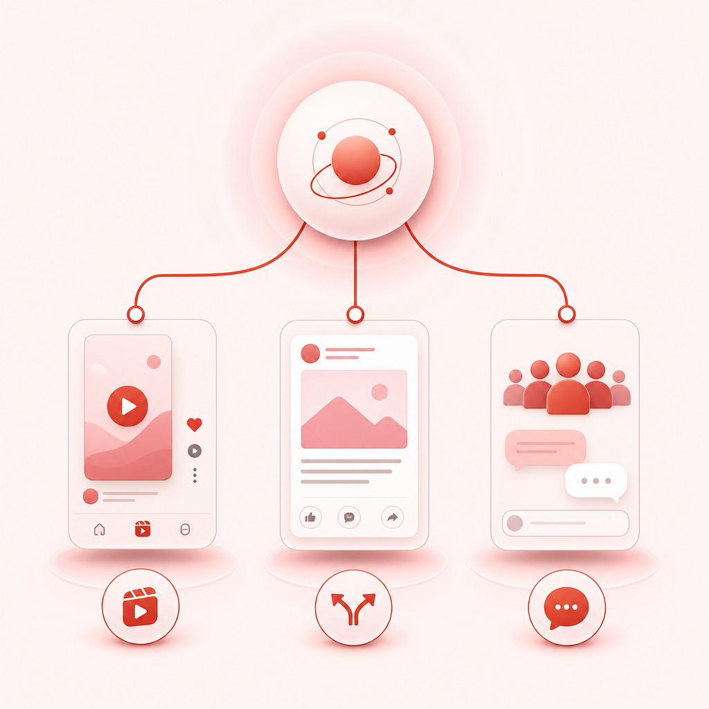 Illustration showing how one content idea branches into Shorts/Reels, LinkedIn/TikTok, and community posts.