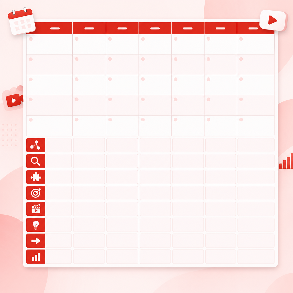 Illustration of a structured YouTube video calendar template with fields for topics, keywords, gaps, and KPIs.